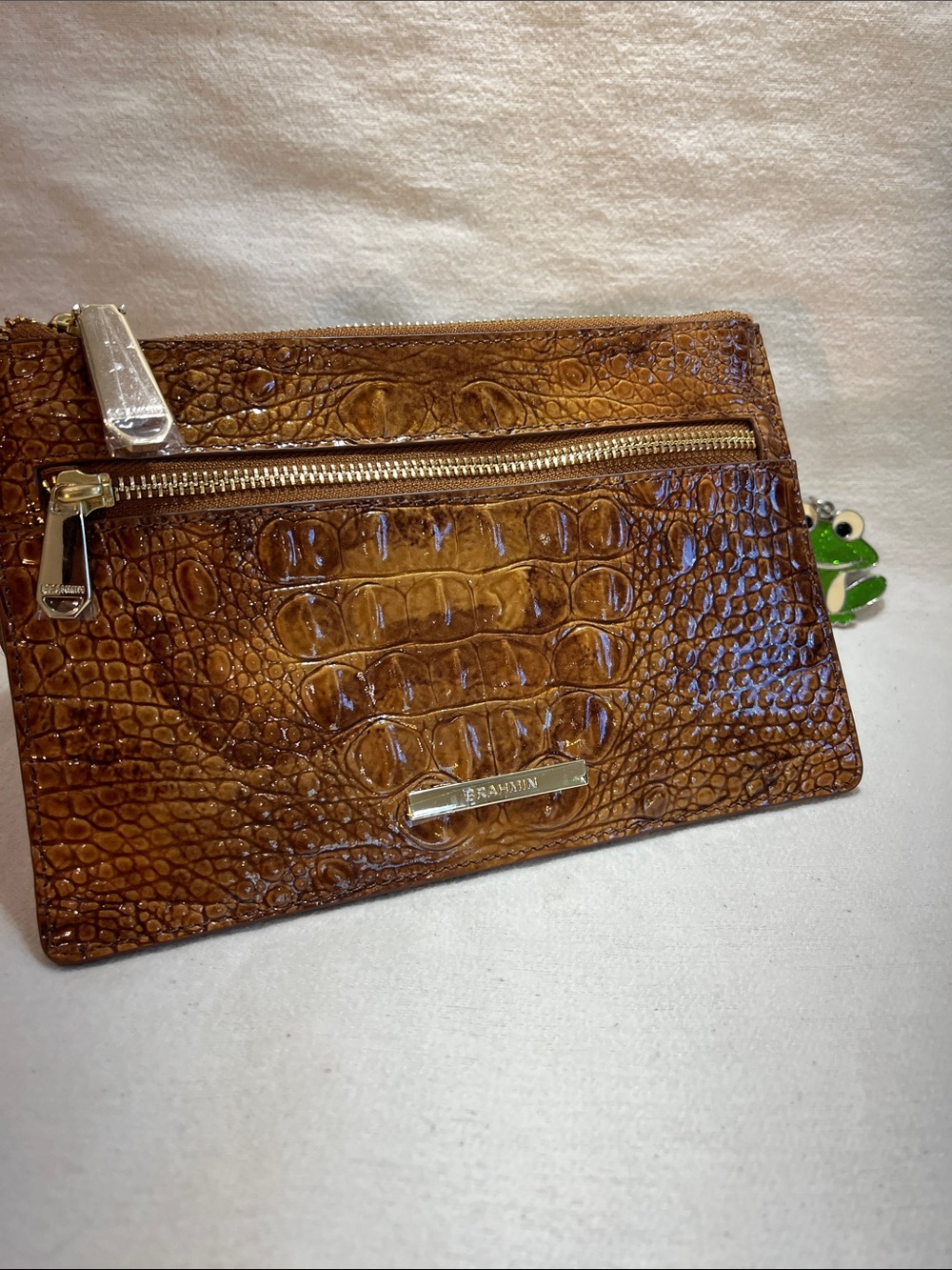 Brahmin Brown Croc-Embossed Leather Wristlet with Gold Hardware (P36)